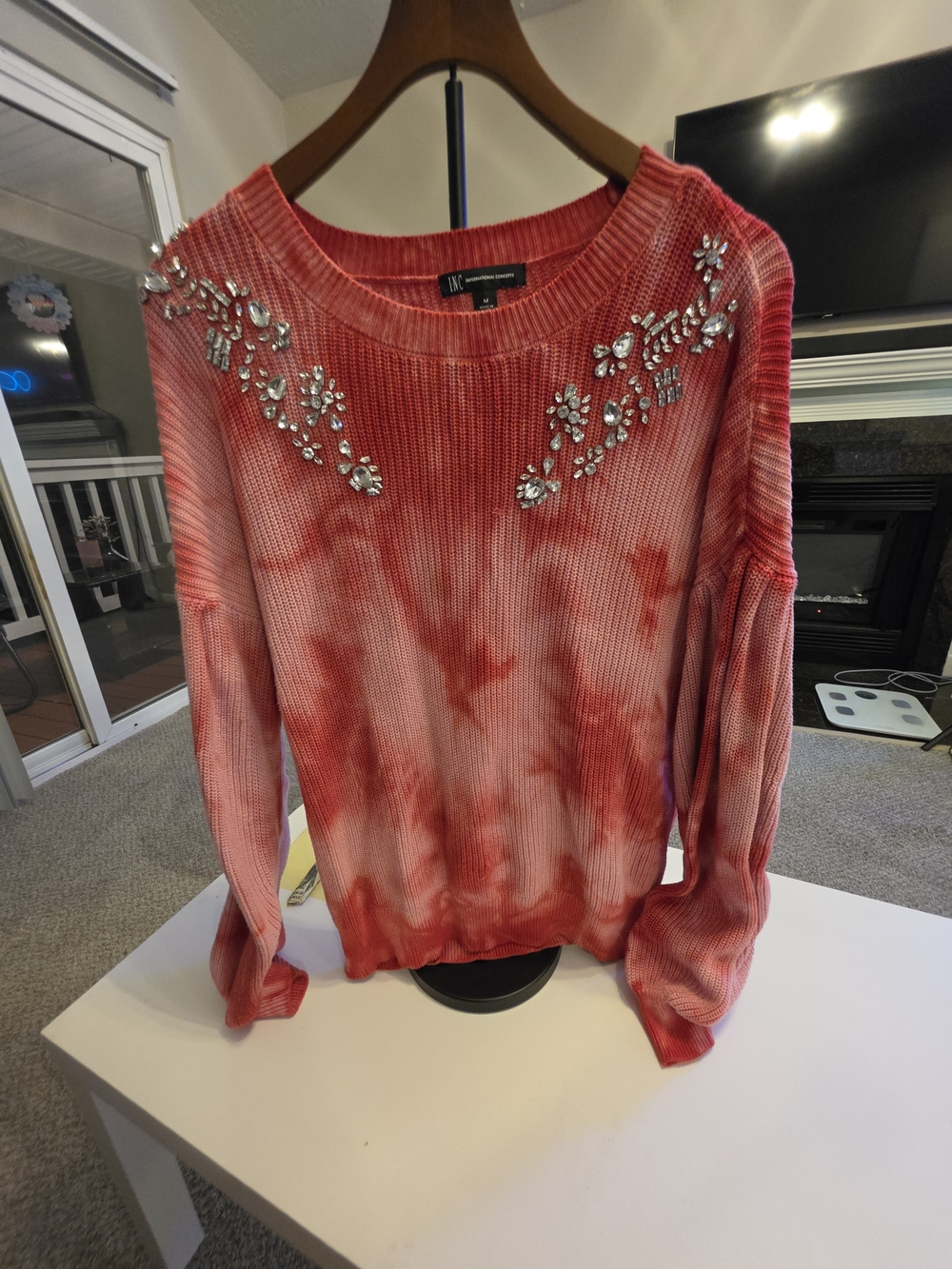 INC International Concepts Rhinestone Embellished Pink/Red  Sweater